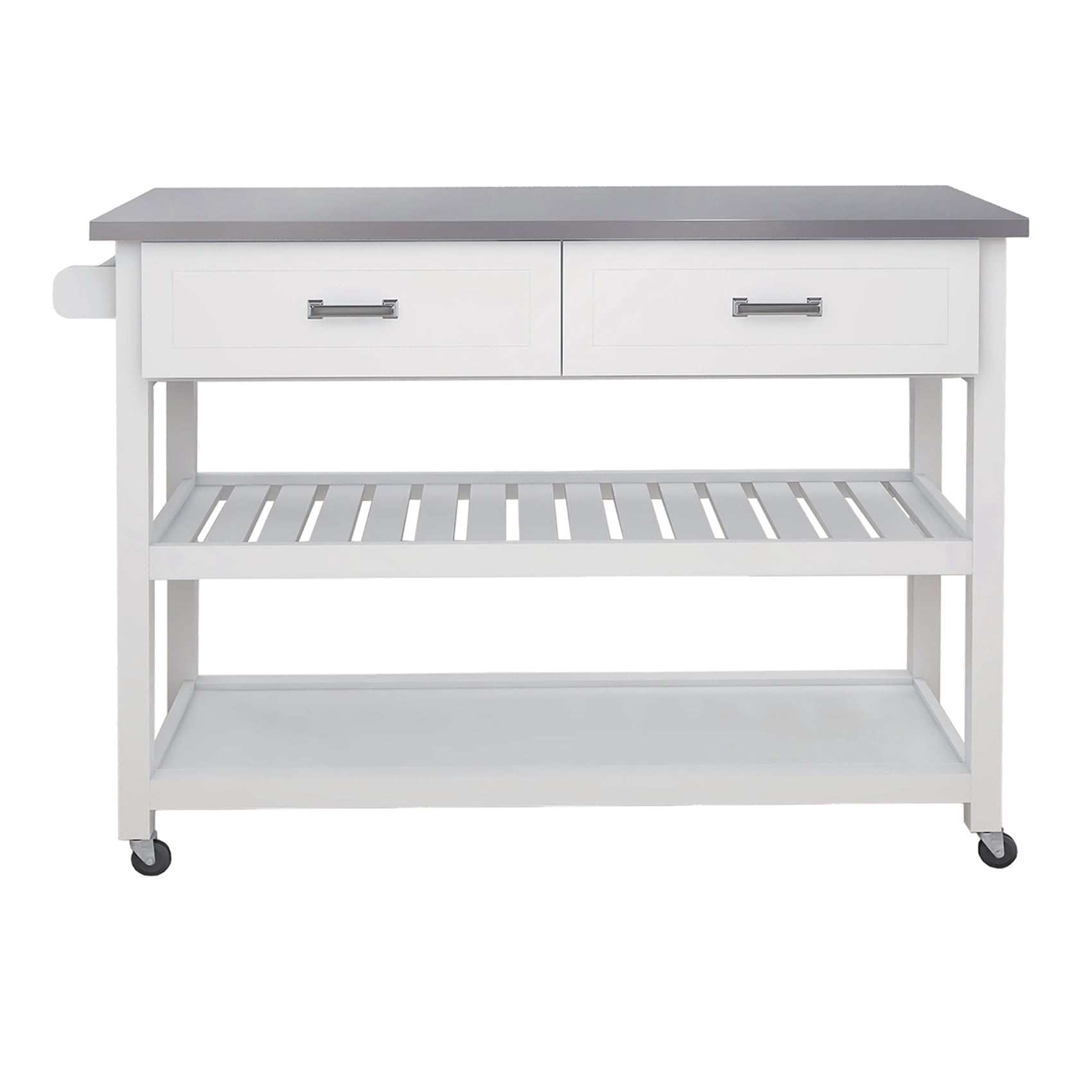 Kitchen Island Cart with Stainless Steel Table Top, Kitchen Islan on Wheels with 2 Drawer and 2 Open Shelves, 3 Tier Portable Rolling Kitchen Island with Two Lockable Wheels, Towel Rack, White