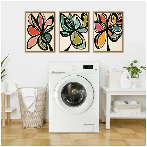 Kate and Laurel Midnight Floral 1, 2 and 3  Set of 3 18x24 Framed Canvas Wall Art Set  by Alicia Bock, Sylvie Natural, Modern, Abstract, Flowers, Abstract Art for Wall Decor, Living Room, Bedroom