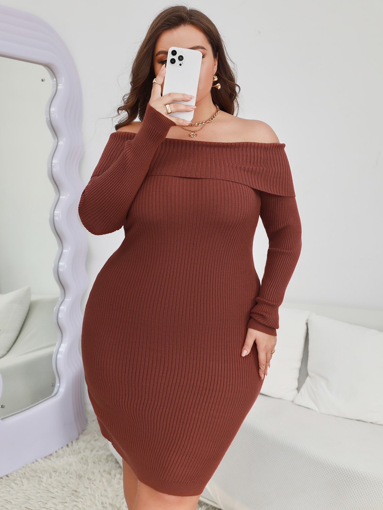 Off Shoulder Ribbed Knit Sweater Dress 