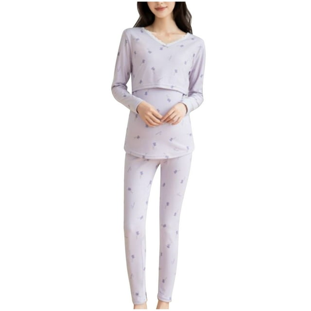 Tnhcen Ensemble de Pyjama de Maternité Multifonctionnel pour Femmes / Pyjama d'Allaitement Ajusté à Col en V Manches Longues avec Coussin Intégré Pantalon à Cordon Réglable m-3TG