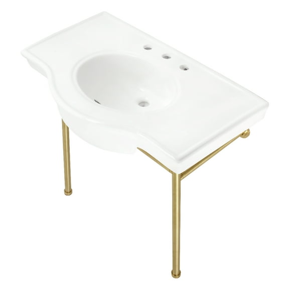 Kingston Brass VPB28140W8BB Manchester 37" Ceramic Console Sink with Stainless Steel Legs (8-Inch, 3-Hole), White/Brushed Brass