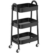 VAVSEA Metal Rolling Utility Cart,  3-Tier Rolling Storage Trolley Cart with Lockable Wheels, Laundry Room Organizer Cart with Handle for Kitchen Office Bathroom, Black