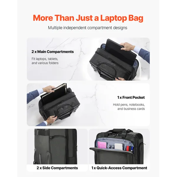17.3 Inch Wheeled Laptop Carrying Bag, Unisex Rolling Briefcase with Retractable Handle, Business Travel Computer Suitcase for Work and Office, (Black)
