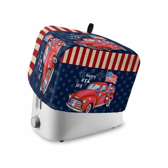 4th of July Small Toaster Cover 2 Slice, Kitchen Appliance Covers, Patriotic Red Truck American Flag Star Firework Toaster Oven Cover with Loop, Bread Machine Cover Polyester Dust Cover Protection
