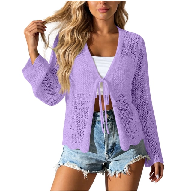 Mujeres de la Moda de la Playa Casual Color Sólido Hueco de Verano de Punto Cardigan Humo para la Primavera Y el Verano