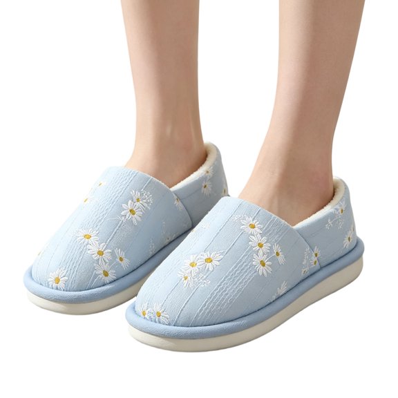 Willtoo Women Cozy Lined Closed Back Floral Slippers Daisy Embroidered Warm Indoor Shoes Soft Non Slip Winter House Slippers