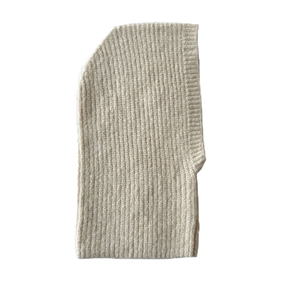 Beige Ladies Wool Knitted Balaclava With Classic Solid Color Ribbed Knit Hooded Pull-On For Winter And Daily Wear