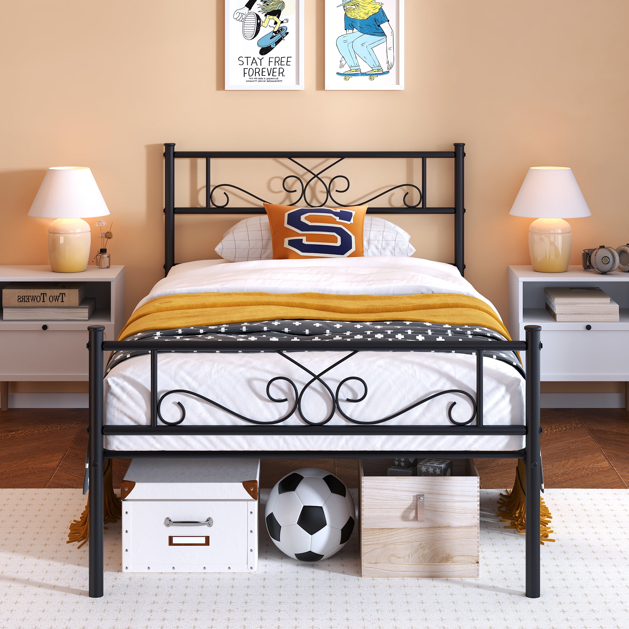 Yoneston Twin Size Metal Platform Bed Frame with Headboard, 12.7” Single Bed Frame for Kids, Teens Bedroom, Black