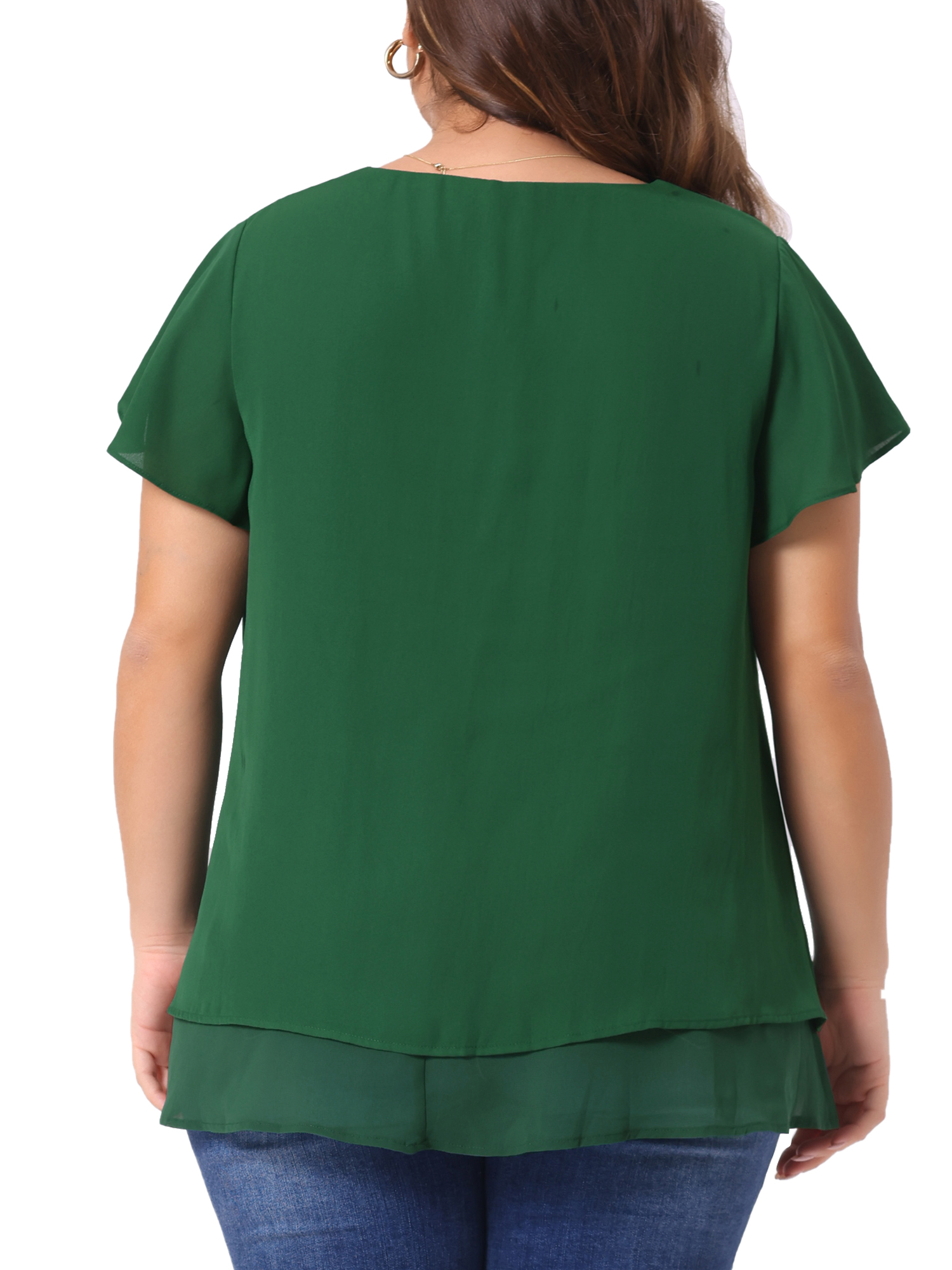 Unique Bargains Women's Plus Size Ruffle Short Sleeve V Neck Chiffon Blouse 1X Green
