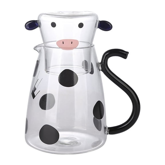 Glass Water Carafe Set with Cup Lovely Cartoon Cow Cold Kettle Flowering Teapot Canister Milk Iced Beverage Bottle,Large