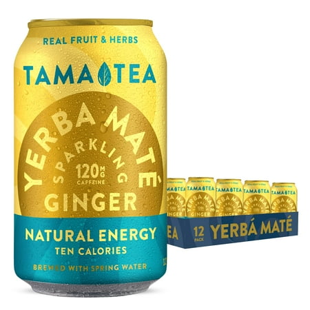 Sparkling Ginger Yerba Mate Tea by Tama Tea - Healthy Energy Drink Alternative - Made with Real Fruit & Herbs - 120mg of Caffeine, No Sweeteners, 10 Calories - 12oz Pack of 12