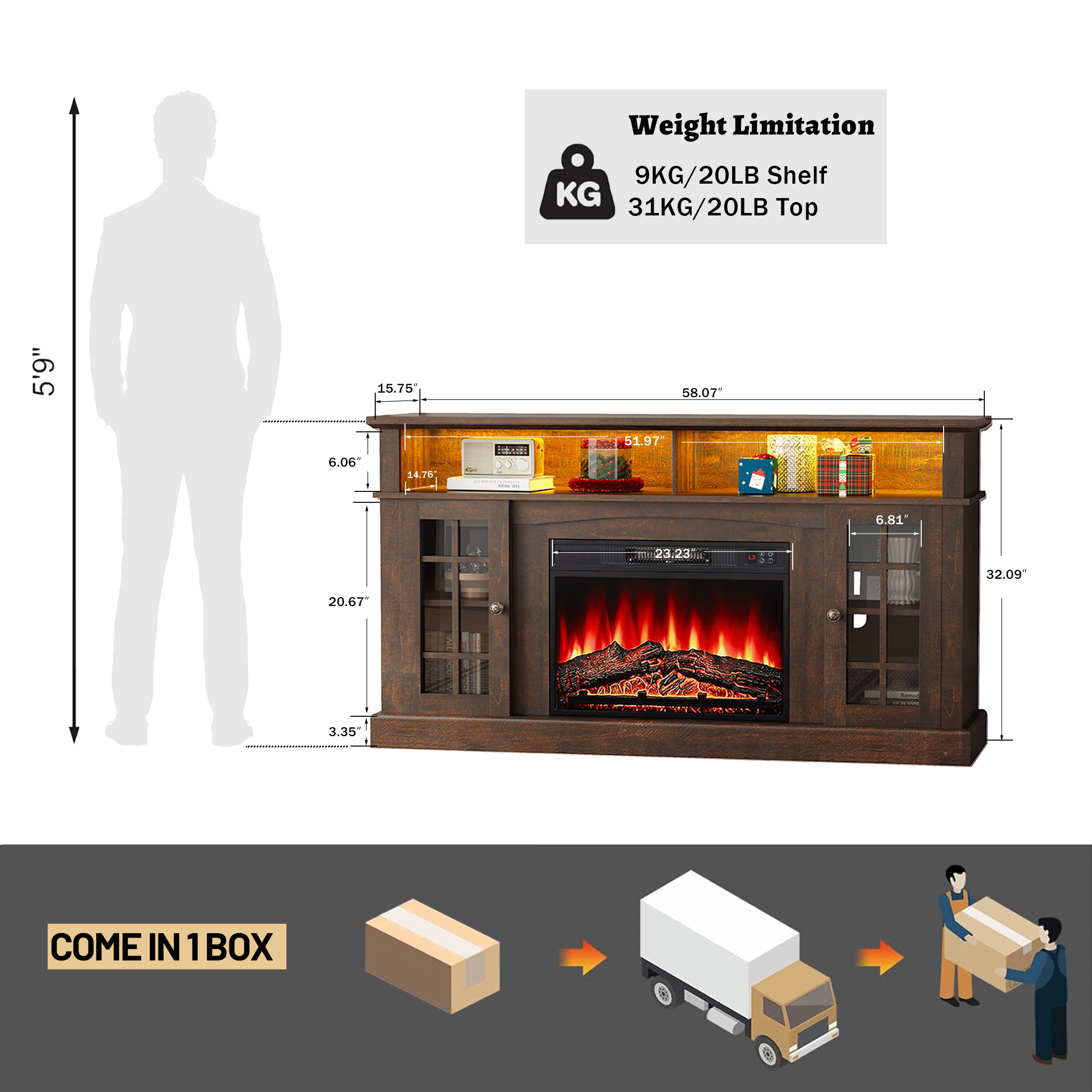 SESSLIFE Fireplace TV Stand for 65 Inch TV, LED TV Console with 23''Electric Fireplace, Entertainment Center Television Table for Living Room or Bedroom, Brown
