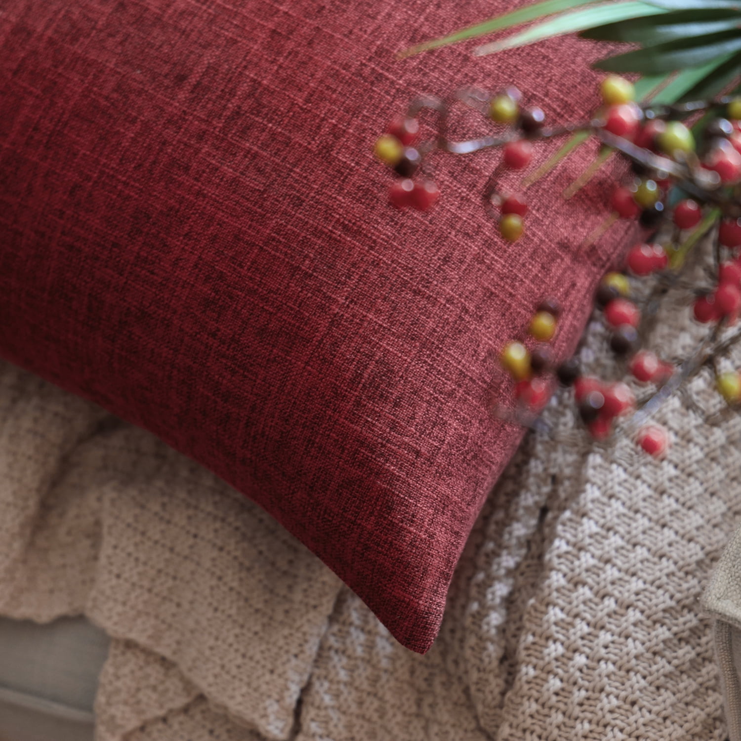 Phantoscope Textural Faux Linen Series Decorative Throw Pillow, 18" x 18", Red, 1 Pack