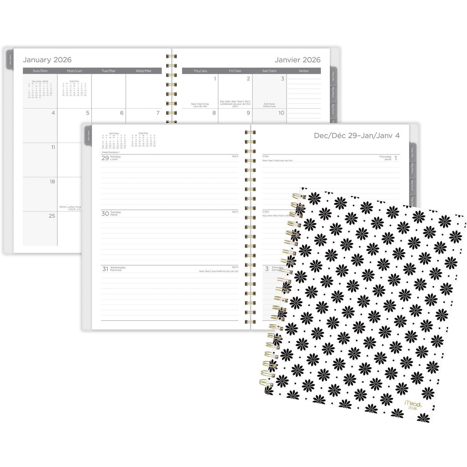 Agenda hebdomadaire Mead® 2026 à motif floral noir et blanc, grand format, couverture transparente en polyéthylène Agenda