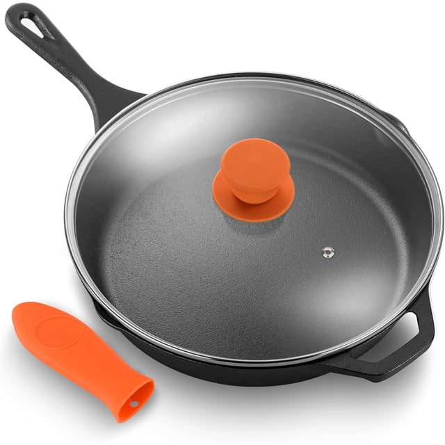 NutriChef Poêle en Fonte de 12 Pouces avec Couvercle - Poêle en Fonte, Pré-Assaisonnée, Compatible Four, Antiadhésive, Poignée en Silicone Résistante au Froid, Compatible Induction et Toutes Plaques de Cuisson
