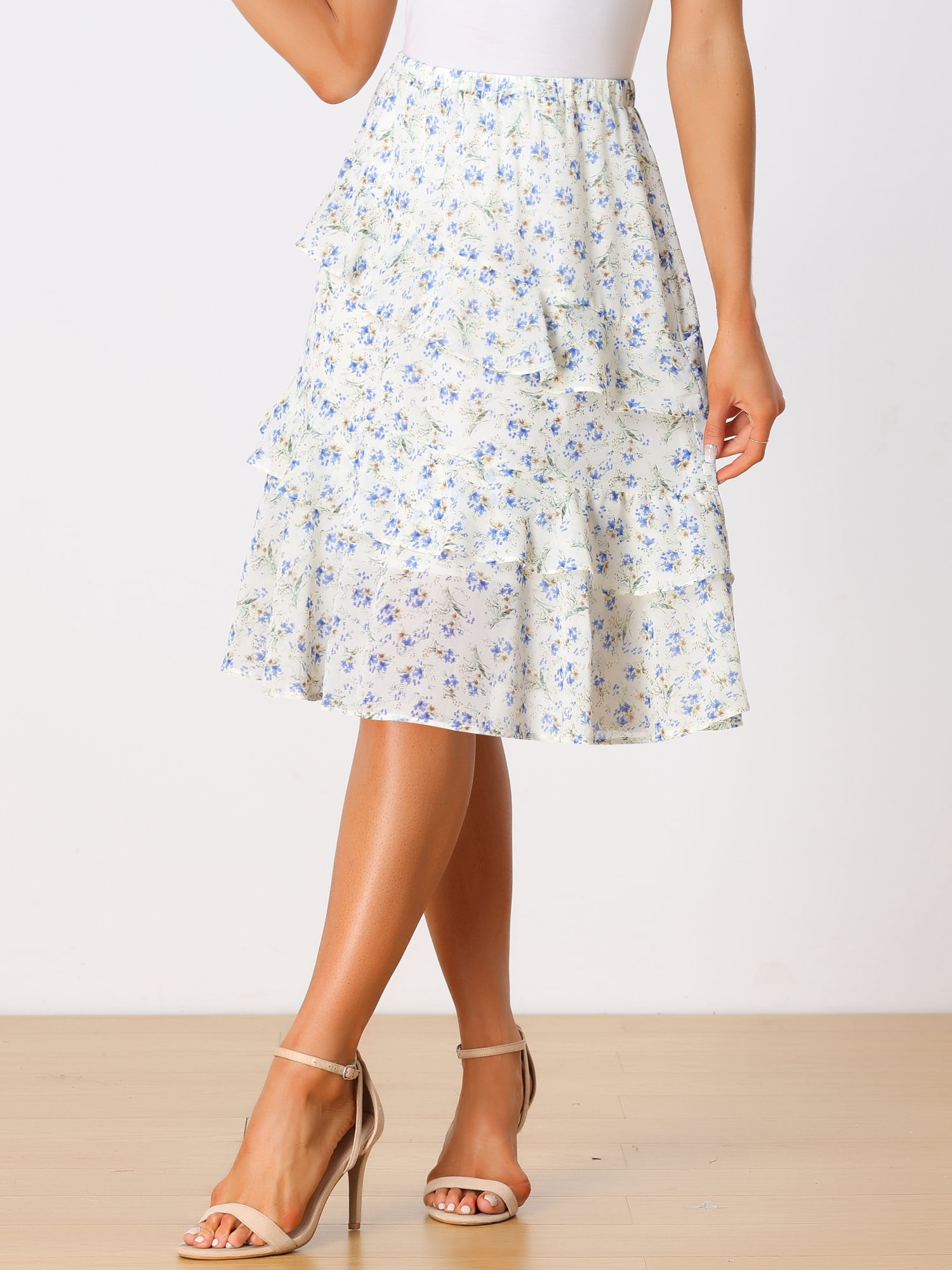 DARING DIVA Women's Floral Layered Elastic Waist Chiffon Ruffle Midi Skirt L Beige