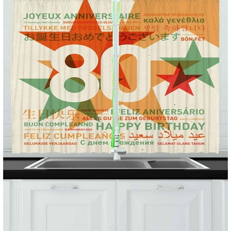80th Birthday Curtains 2 Panels Set, 80 Years Old Party with Universal Happy Birthday Best Wish, Window Drapes for Living Room Bedroom, 55W X 39L Inches, Green and Pale Vermilion, by (Best Rated Happy Light)