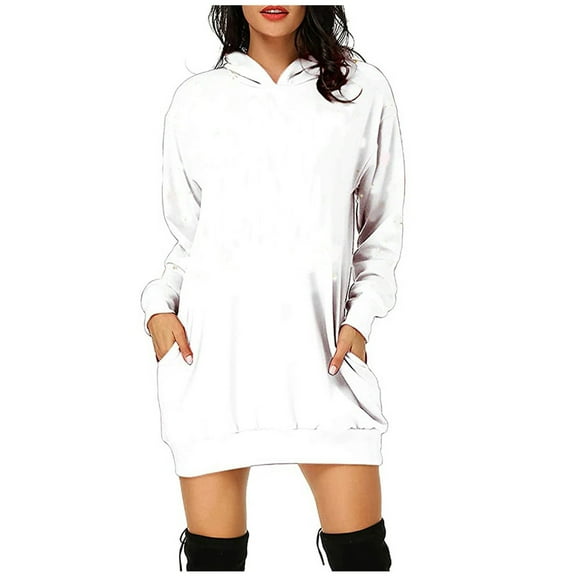 Puntoco Plus Size Women Hooded Dress Long Sleeves Pockets Short Sweatshirt Dress White 10(XL)