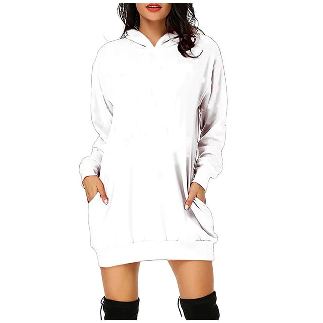 Robe Chandail à Capuchon Mode Femmes Robe à Capuchon Unie Manches Longues Poches Robe Chandail Courte