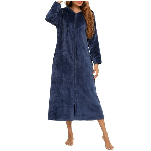 Robe for Women Soft Long Kimono Housecoat Full Zipper Women's Sleepwear,Navy,S