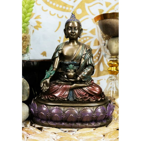 Ebros Bhaisajyaguru Medicine Buddha Healing On Lotus Seat Sculpture Figurine