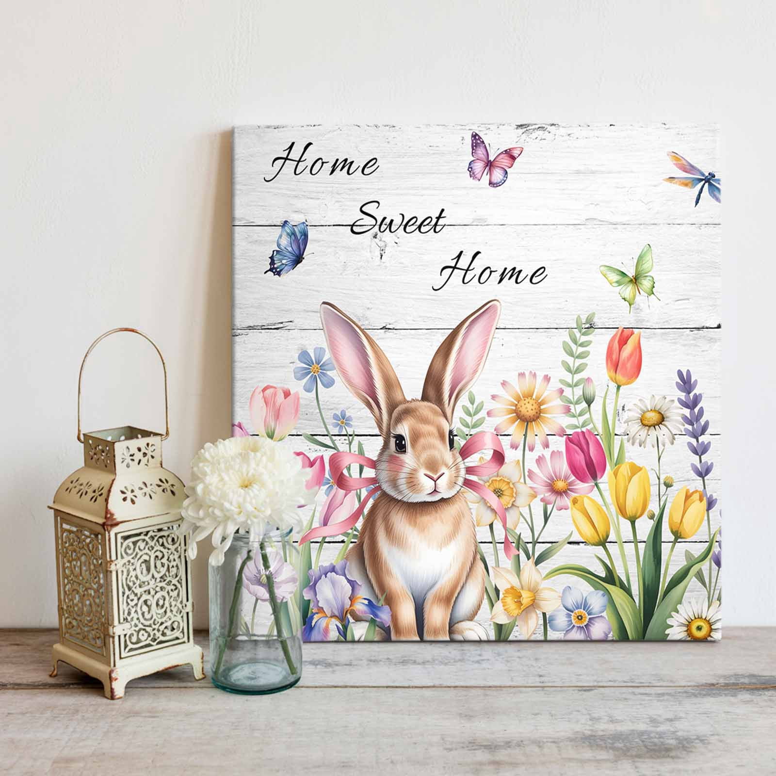 Sweet Home Framed Canvas Wall Art, Easter Bunny Spring Butterflies Flowers Wood Grain Wall Art Painting for Living Room Bedroom Home Decor, 24”x24”, Office Artwork Print
