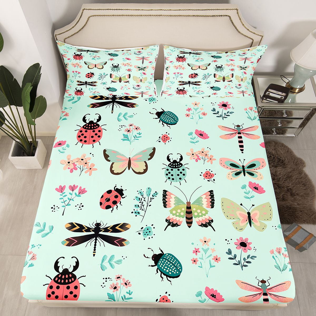Homewish Teens Insect Lover Twin Sheet Sets, Cute Moth Dragonfly Ladybug Twin Fitted Sheet, Rustic Flower Floral Flat Sheet, Lightweight Room Decor, 3pcs