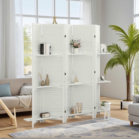 Resenkos 5-Panel 67" Tall Wood Privacy Screen Room Divider - 3 Shelves, Folding Storage for Bedroom, White