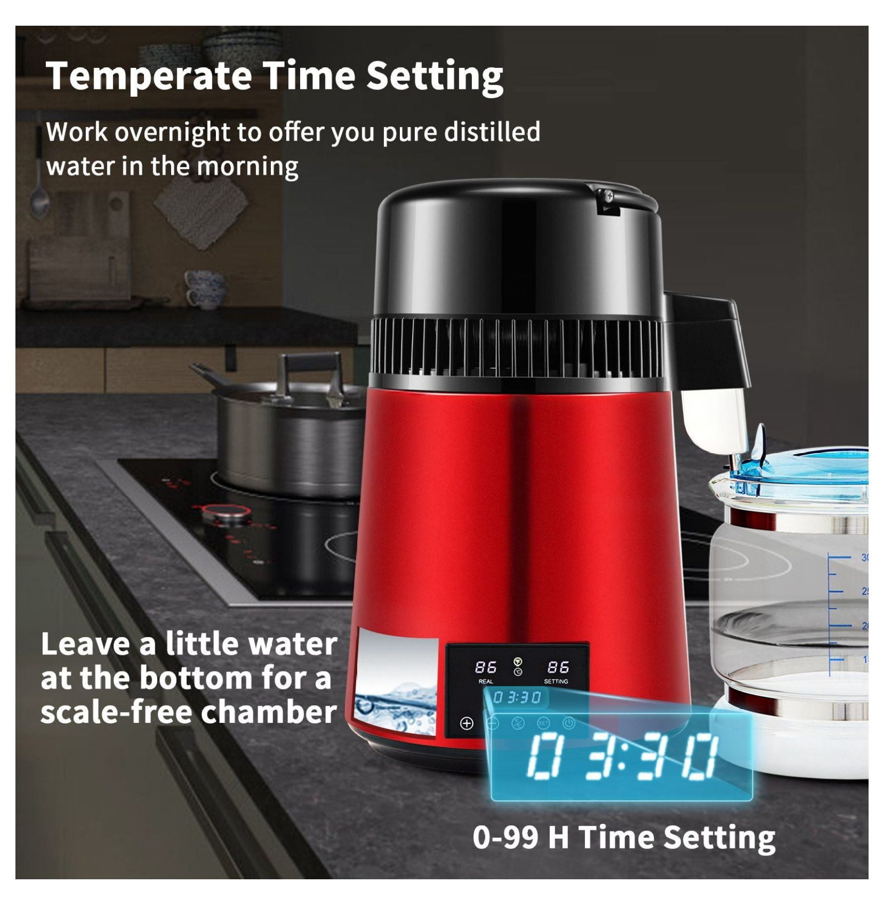 1.1Gal Water Distiller, 750W Distilled Water Maker, 1L/H, Timing & Temp Control, 304 Stainless Steel, Glass Carafe, Cleaning Powder & Carbon Filters