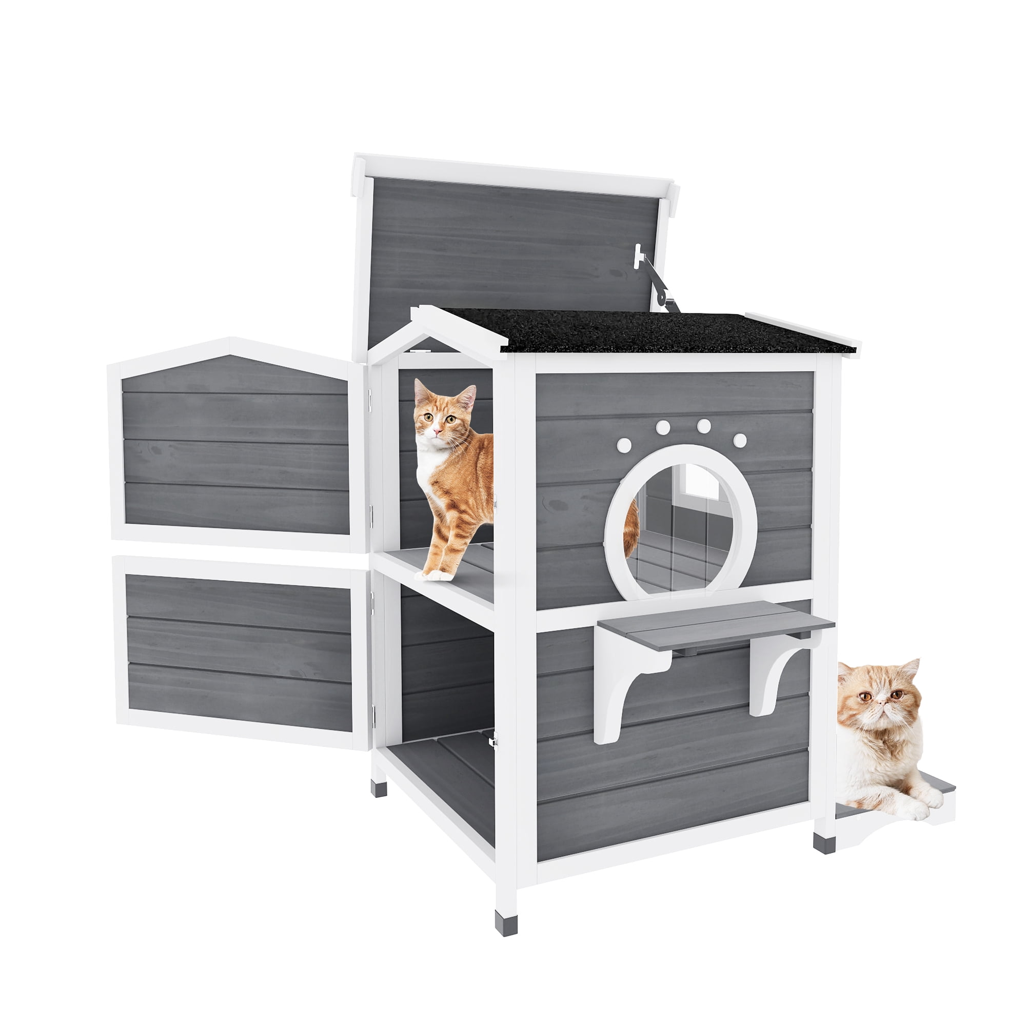 Uforic Cat House Outdoor Two-Story Wooden Feral Cat Shelter with Openable Roof, Escape Door - Gray