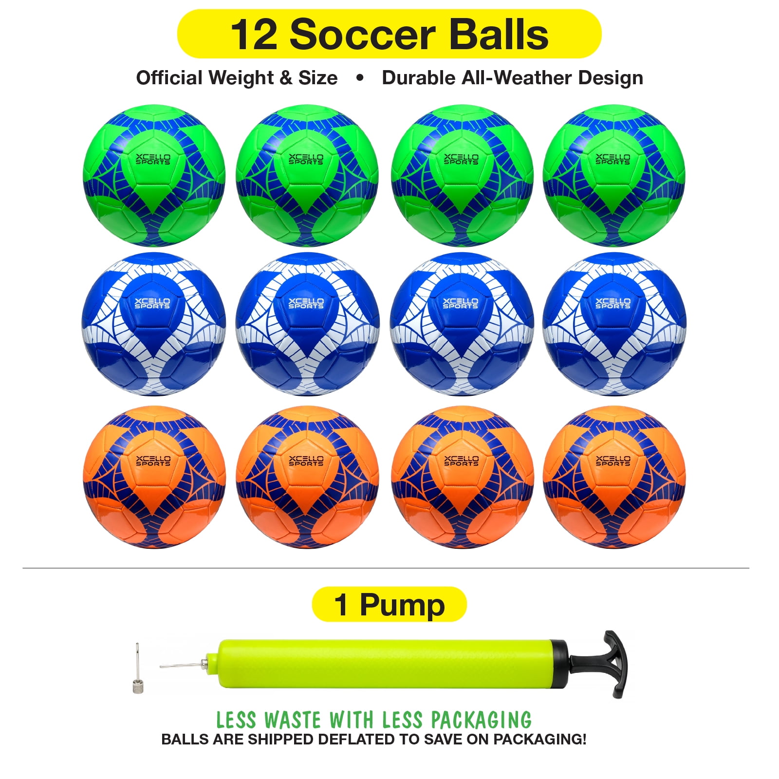 Xcello Sports Soccer Ball Size 4, Assorted Graphics Youth Soccer Ball with Pump, Sports Balls Official Match Size and Weight, Orange, Green, Navy, Pack of 12