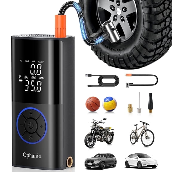Ophanie Cordless Portable Tire Inflator - 160 Psi Digital Pressure Gauge, Air Compressor for Car Tires with Automatic Shutoff, Emergency LED Light, Compact Automotive Pump