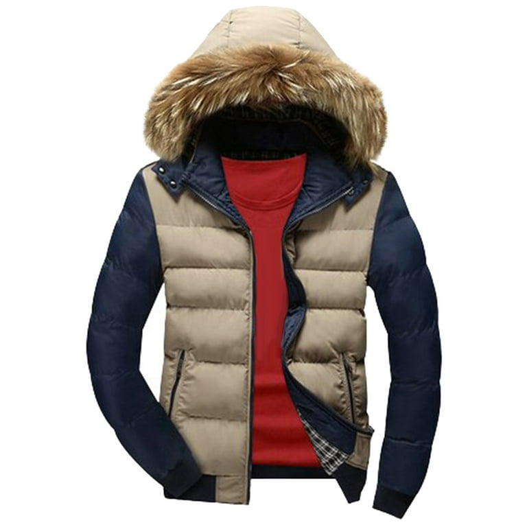 Men s Winter Casual Padded Jacket Coat Color Block Zipper Puffer Jacket with Faux Fur Hooded