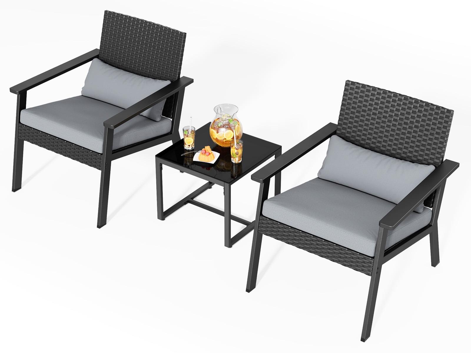 3 Pieces Patio Furniture Set, Wicker Patio Bistro Set for Balcony, Porch, Lawn, Gray