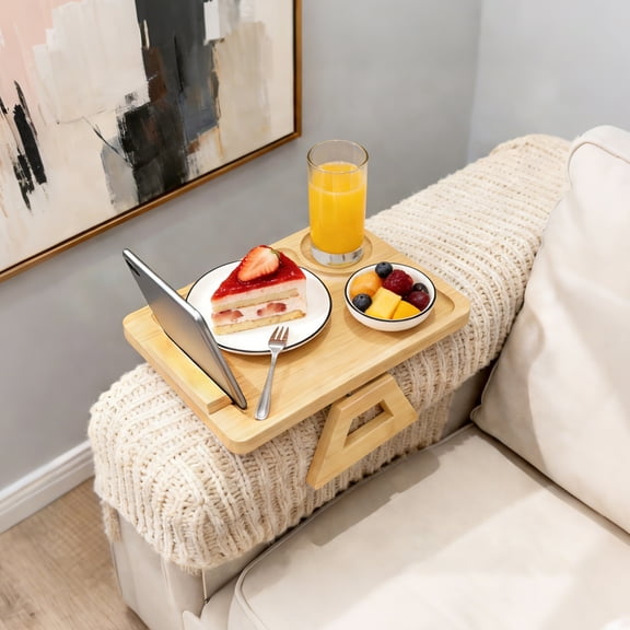 cyrico Bamboo Couch Armrest Table, Clip On Sofa Arm Tray Table for Couch with 360° Rotating Phone Holder, Couch Armrest Tray for Drinks, Snacks, Remotes and TV Watching