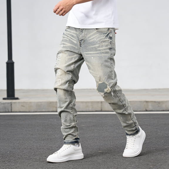 2026 New Men's Light Wash Graphic Distressed Skinny Stretch Jeans: Flexible Durable Denim | Standard (30-40) & Big & Tall (1XL-6XL) Sizing