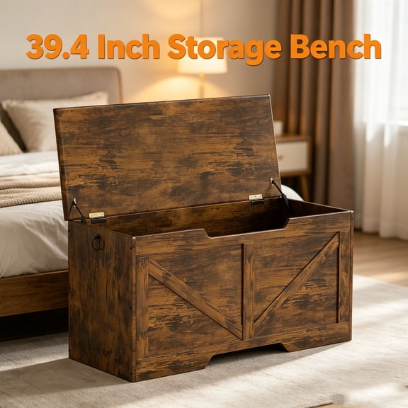 NiamVelo 39.4" Storage Chest, Wooden Storage Bench with Safety Hinge, Entryway Storage Benches Storing Trunk for Entryway, Living Room, Bedroom, 300 LBS Capacity, Brown