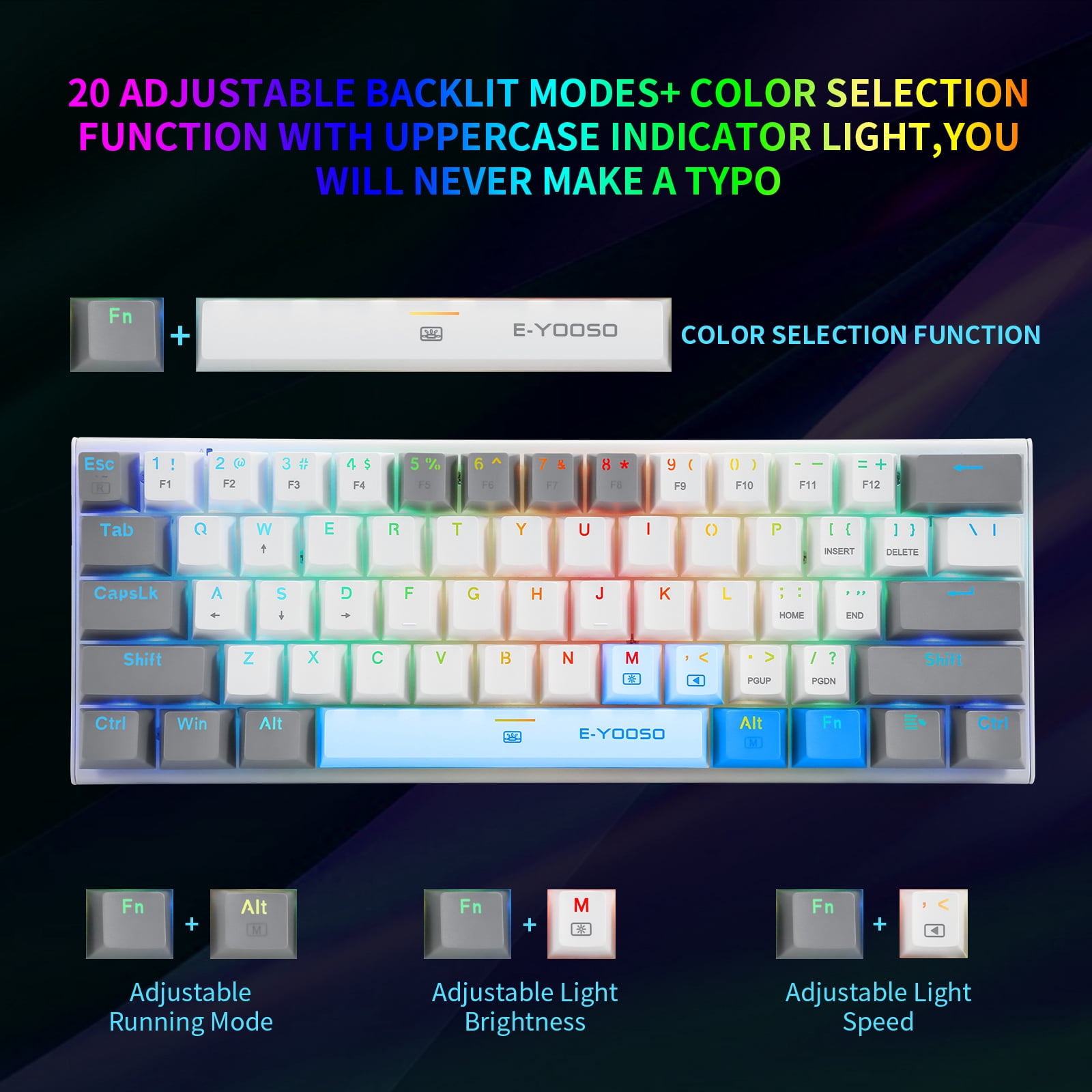 60% Wired Mechanical Gaming Keyboard, E-YOOSO RGB Backlit Ultra-Compact 61 Keys Hot Swappable Mini Waterproof Wired Office Keyboard with Blue Switches for Windows, Mac OS Gamers (White Grey)