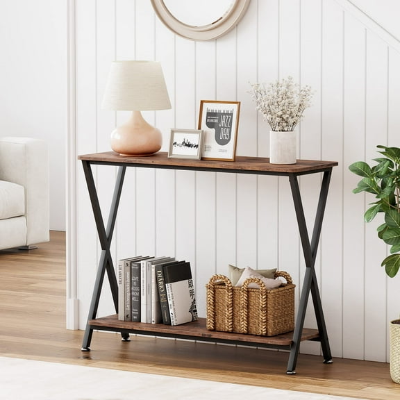 Narrow Sofa Table, Entryway Console Table with Storage Shelf and Metal Frame for Living Room, Foyer