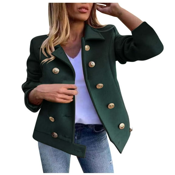 Lilgiuy Women's Slimming Double Breasted Long Sleeve Loose Solld Turn-down Collar Cardigan Short Tops Blouse Coats,Army Green,4 Winter Clothes for 2022