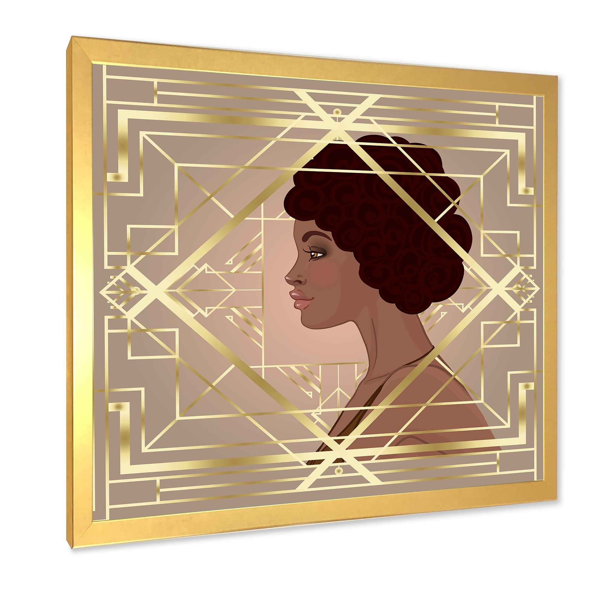 Designart 'Retro Girl In Golden Art Deco Geometrics II' Modern Framed Art Print
