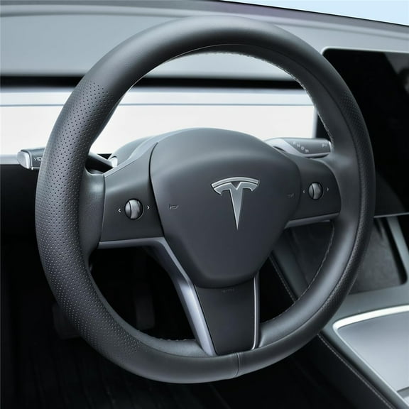 Leather Steering Wheel Cover Suitable For Tesla Model3/Y 2016-2025 2026 Juniper/Highland, Non-slip And Breathable Tesla Model3/Y Steering Wheel Protector, White