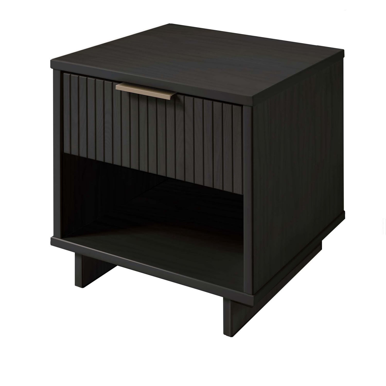 Charcoal grey Nightstand, Modern Contemporary Bedside Table with 1 Drawer, Solid Wood Ribbed Drawer Front and Gold Handle, Glam Storage End Table for Bedroom Living Room