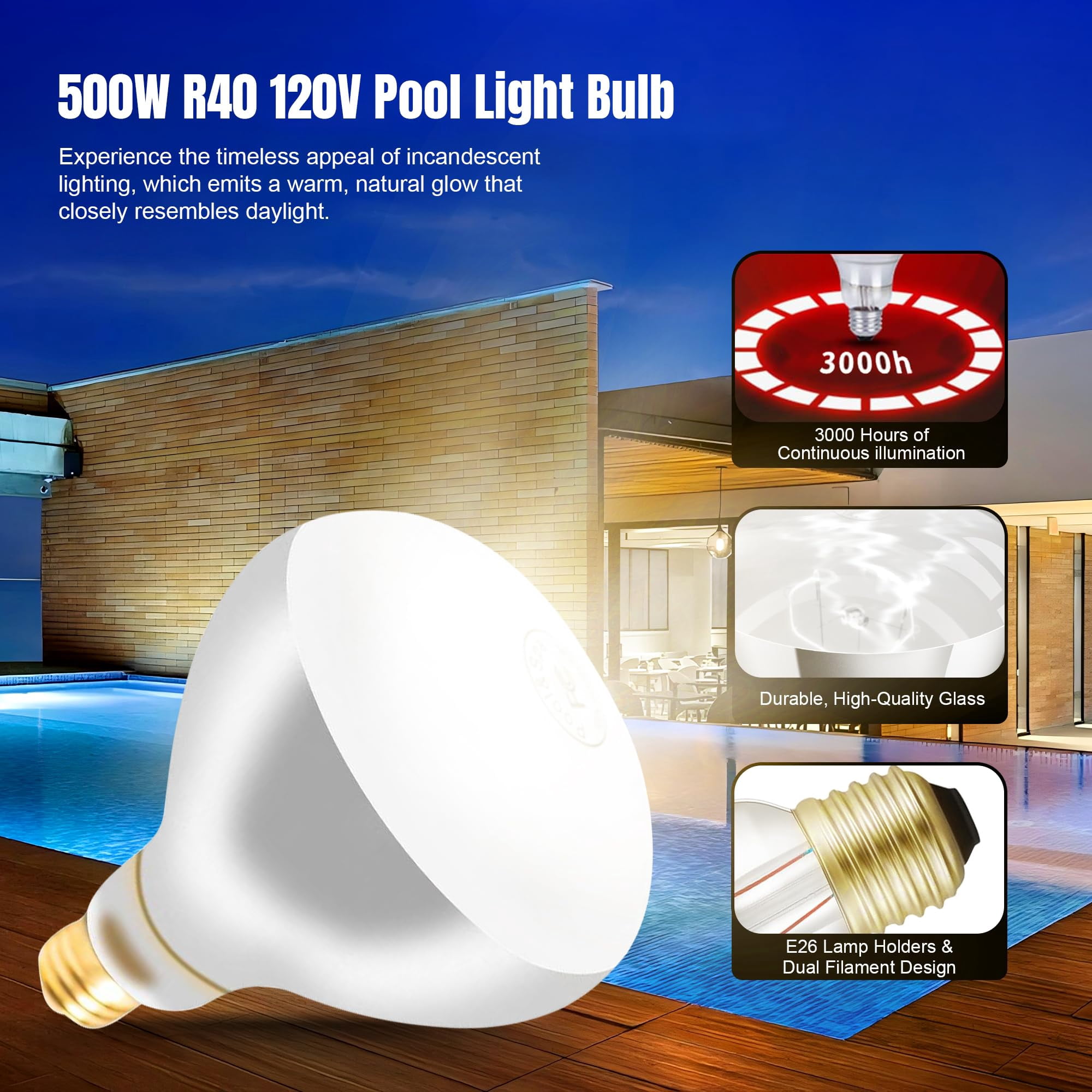 500W R40 120V Pool Light Bulb for Inground Pool & Spa – 3000K Warm White, E26 Base, High-Power, Compatible with Pentair & Hayward Fixtures, 3,000-Hour Lifespan (2 Pack)