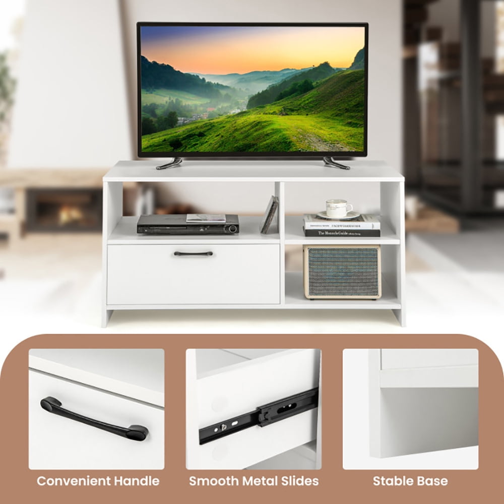 Finihen TV Stand, TV Cabinet, Modern Media Console Table with 3 Open Compartments and 1 Storage Drawer, for Living Room, Bedroom, White