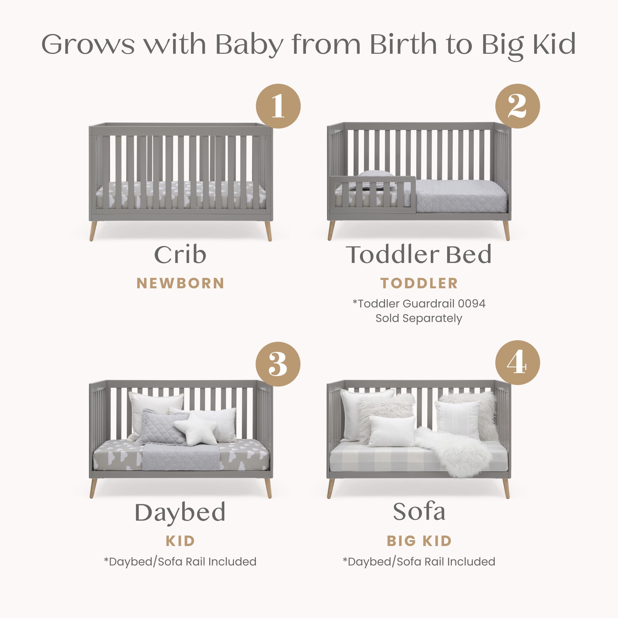Delta Children Essex 4-in-1 Convertible Baby Crib, Grey/Natural Legs
