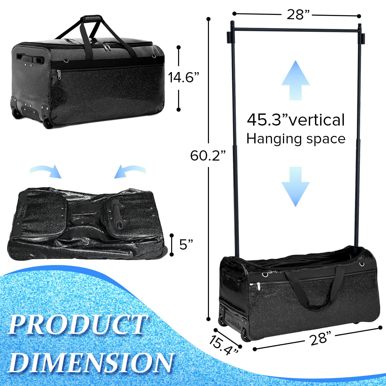 Rolling Dance Competition Bag with Retractable Garment Rack, 29 Inch, Black, Wheeled Travel Suitcase with Privacy Curtain (Black)
