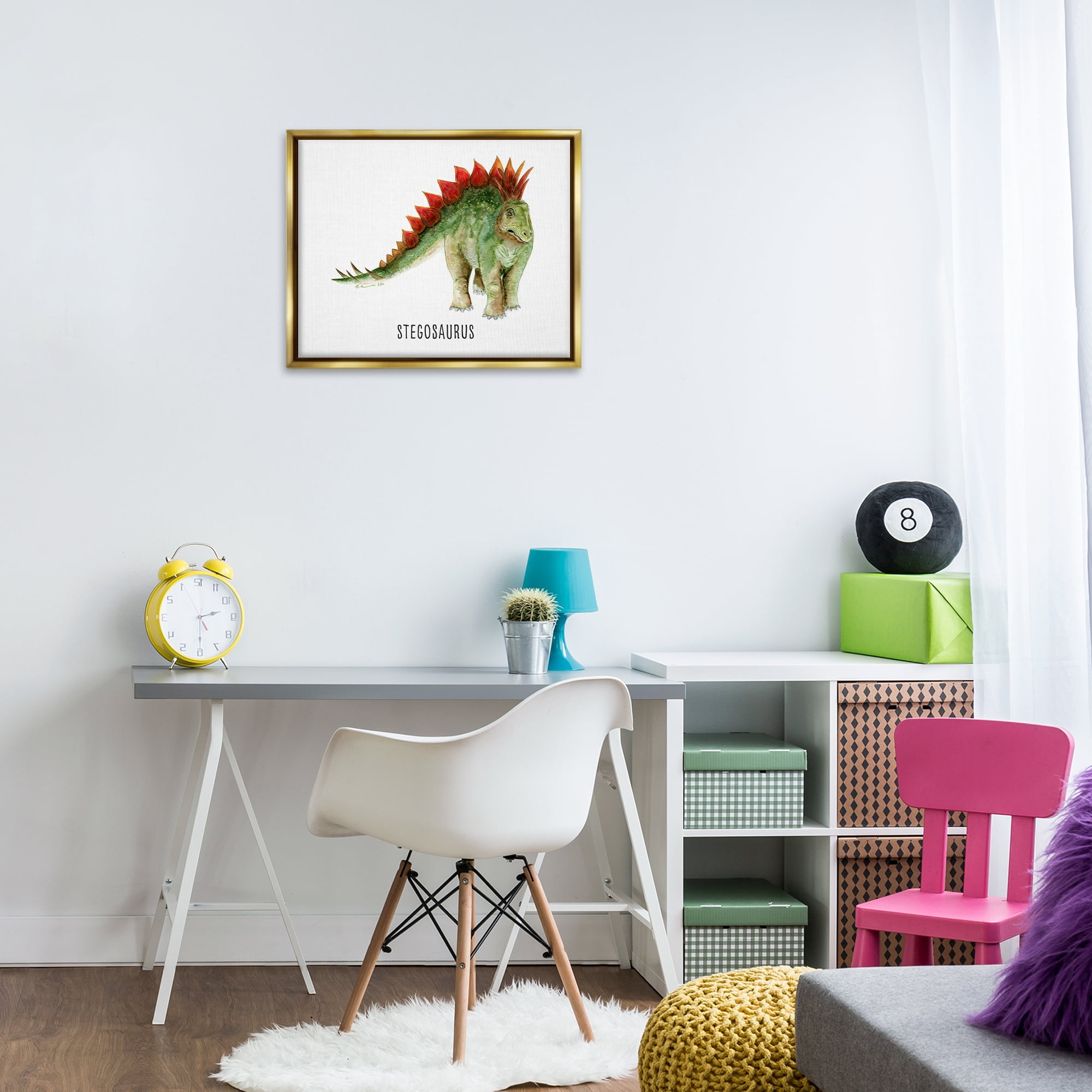 Stupell Industries Stegosaurus Dinosaur Learning Animals Painting Gold Floater Framed Canvas Art Print Wall Art, 21 x 17