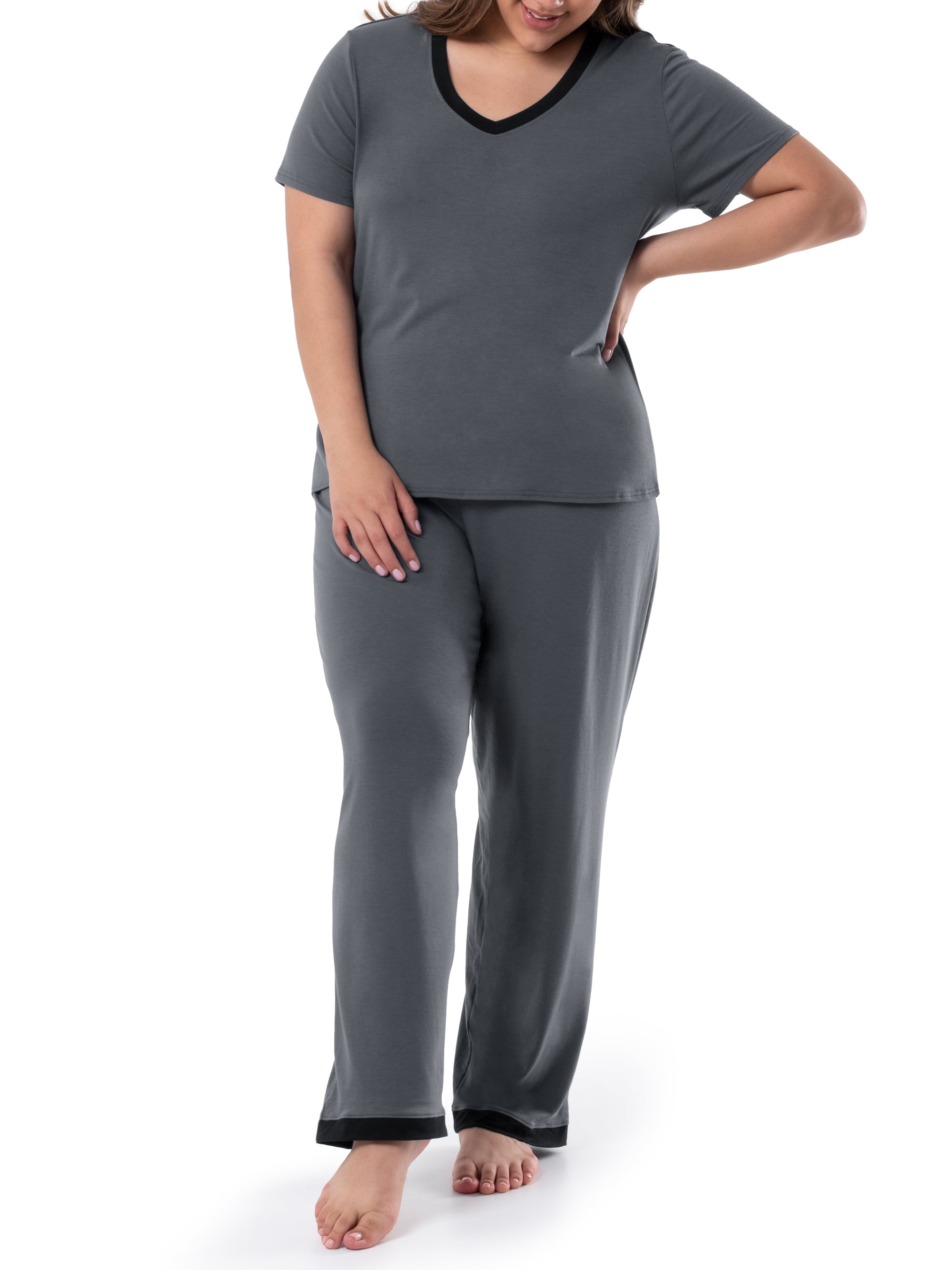 Fruit of the Loom Women's Soft & Breathable V-Neck Short Sleeve Top & Pajama Pant Set, Sizes S-4X
