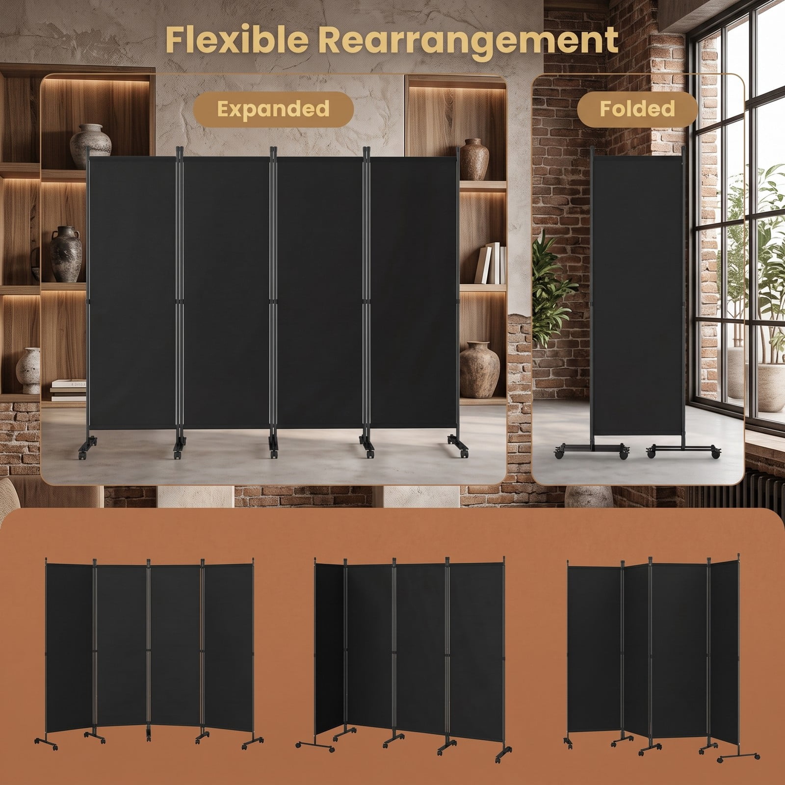 ALPULON 4-Panel Room Divider Freestanding Privacy Screen with 10 Lockable Wheels, Foldable Polyester Fabric Partition with Heavy-Duty Metal Frame for Living, Black